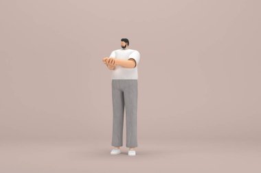 Gri kadife pantolon ve beyaz yakalı tişört giyen sakallı adam. O, konuşurken el ifadesidir. Oyunculuktaki çizgi film karakterinin 3d çizimi.