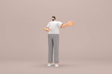 Gri kadife pantolon ve beyaz yakalı tişört giyen sakallı adam. O, konuşurken el ifadesidir. Oyunculuktaki çizgi film karakterinin 3d çizimi.