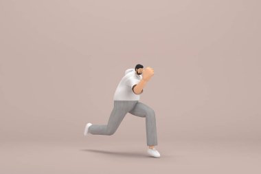 Gri kadife pantolon ve beyaz yakalı tişört giyen sakallı adam. Oyunculuktaki çizgi film karakterinin 3 boyutlu çizimi. Kaçıyor..