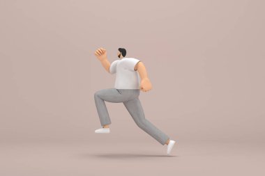 Gri kadife pantolon ve beyaz yakalı tişört giyen sakallı adam. Oyunculuktaki çizgi film karakterinin 3 boyutlu çizimi. Kaçıyor..