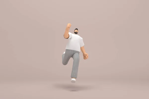 The man with beard wearinggray corduroy pants and white collar t-shirt.  3d illustrator of cartoon character in acting. He is running.