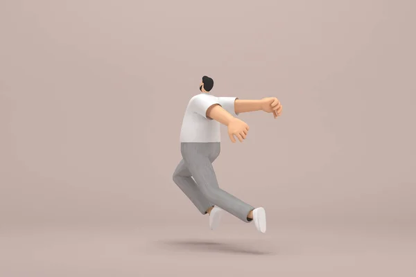 髭を生やした男はグレーのコーデュロイパンツと白い襟のTシャツを着ていた 演技中の漫画のキャラクターの3Dイラストレーター 走ってる — ストック写真