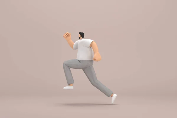 髭を生やした男はグレーのコーデュロイパンツと白い襟のTシャツを着ていた 演技中の漫画のキャラクターの3Dイラストレーター 走ってる — ストック写真
