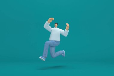 Çizgi film karakteri kot pantolon ve uzun gömlek giyiyor. Oyunculukta 3D çizer. Kaçıyor..