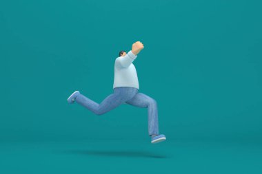 Çizgi film karakteri kot pantolon ve uzun gömlek giyiyor. Oyunculukta 3D çizer. Kaçıyor..