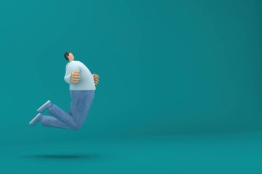 Çizgi film karakteri kot pantolon ve uzun gömlek giyiyor. Oyunculukta 3D çizer. Atlıyor..