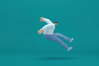 Çizgi film karakteri kot pantolon ve uzun gömlek giyiyor. Oyunculukta 3D çizer. Atlıyor..