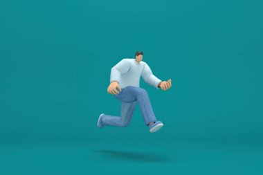 Çizgi film karakteri kot pantolon ve uzun gömlek giyiyor. Oyunculukta 3D çizer. Kaçıyor..