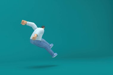 Çizgi film karakteri kot pantolon ve uzun gömlek giyiyor. Oyunculukta 3D çizer. Atlıyor..