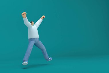 Çizgi film karakteri kot pantolon ve uzun gömlek giyiyor. Oyunculukta 3D çizer. Atlıyor..