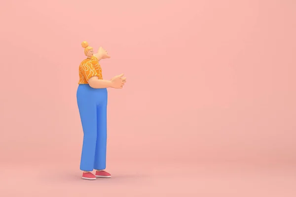 The woman with golden hair tied in a bun wearing blue corduroy pants andOrange T-shirt with white stripes.  She is expression  of hand when talking. 3d illustrator of cartoon character in acting.