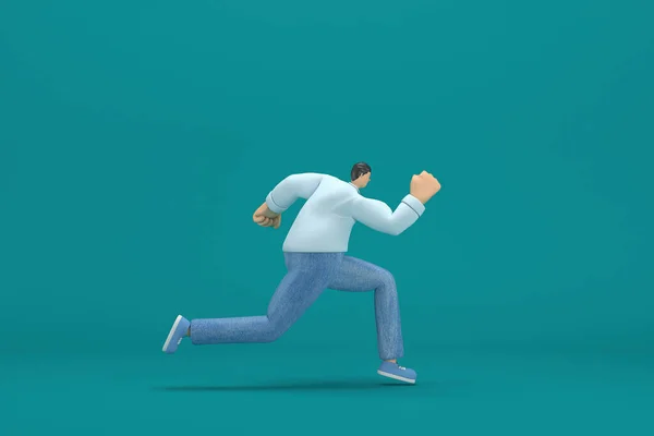 cartoon character wearing jeans white long shirt.  3d illustrator in acting. He is running.