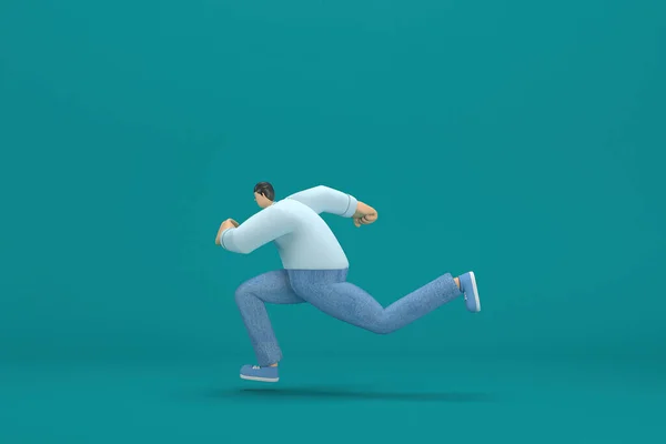 cartoon character wearing jeans white long shirt.  3d illustrator in acting. He is running.