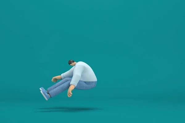 ジーンズの白いロングシャツを着た漫画のキャラクター 3Dイラストレーターとして活動中 飛び跳ねてる — ストック写真