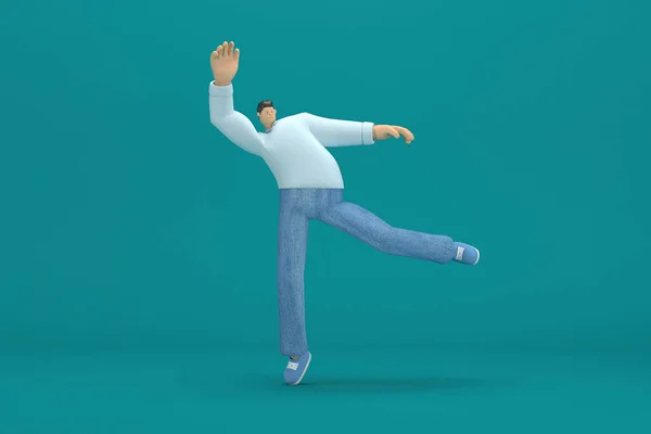 卡通人物穿着牛仔裤 白色长衫 3D插画在行动 他在跳 — 图库照片