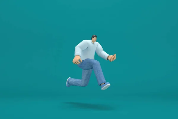 卡通人物穿着牛仔裤 白色长衫 3D插画在行动 他在跑 — 图库照片
