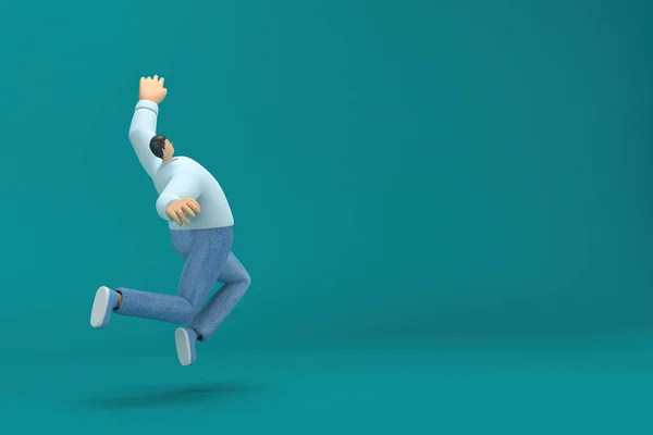cartoon character wearing jeans white long shirt.  3d illustrator in acting. He is jumping.