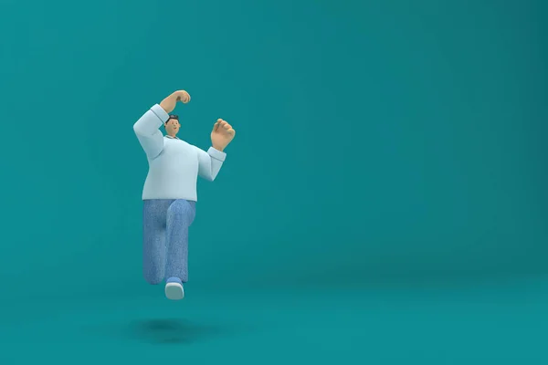 ジーンズの白いロングシャツを着た漫画のキャラクター 3Dイラストレーターとして活動中 走ってる — ストック写真