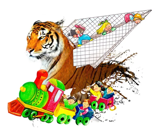 Kinder und Tiger — Stockfoto