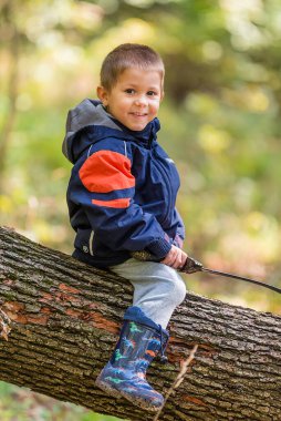 Genç çocuk devrilmiş ağaç gövdesinde oturuyor ve kılıçla oynuyor.