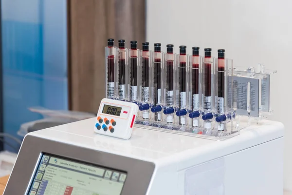 Tray with blood tube samples in hospital or clinic