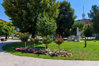 Pirot, Sırbistan - 27 Ağustos 2022: Sırbistan 'daki Pirot kasabası. Pirot 'un ortasına park et..