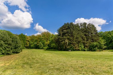 Excursion site Gypsy Camp (İzletite ciganski logor), Fruska Gora, Sırbistan. Fruska Gora Dağı. Voyvodina 'daki güzel tarım arazileri, meyve bahçeleri ve Sırbistan' ın Fruska Gora kenti yakınlarındaki verimli tarım toprağı