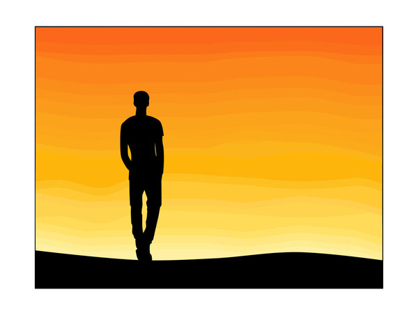 Lonely man and sunset sky.