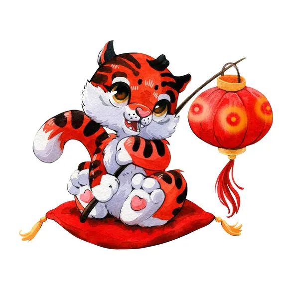 Set of watercolor cliparts. Cute Chinese cubs. For well-being and prosperity, traditional symbols of good luck and prosperity. — Stock Photo, Image