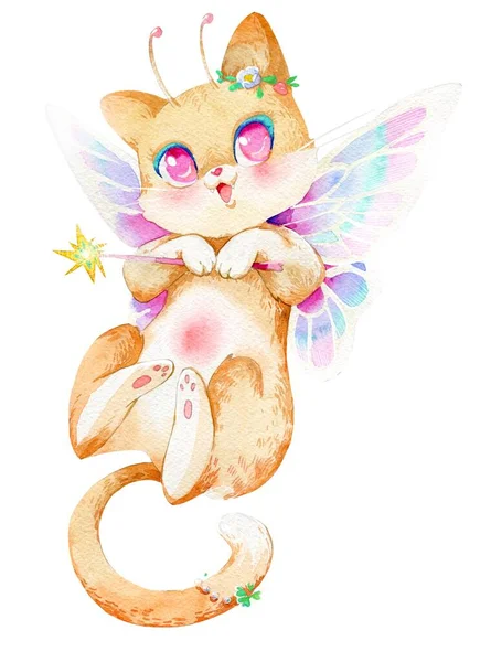 Set of watercolor cliparts. Cute mystical cats. Witch cats in a hat, a ghost cat, an angel cat and a demon, a fairy cat, a mermaid cat — Stock Photo, Image