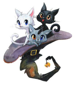 Suluboya klipleri. Şirin mistik kediler. Şapkalı cadı kediler, hayalet kedi, melek kedi ve şeytan, peri kedi, denizkızı kedi