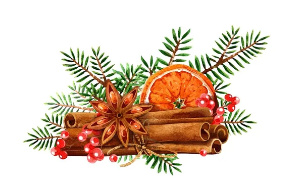 Cortes de aquarela. Imprimir. Composição de Natal, ramos de abeto, sinos, azevinho, visco, temperos — Fotografia de Stock