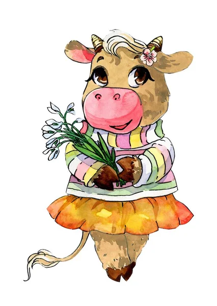 Akwarelowe klipy. Słodkie krowy, postacie z kreskówek, różne pory roku. — Zdjęcie stockowe