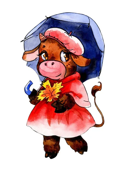 Cortes de aquarela. Vacas bonitos, personagens de desenhos animados, diferentes estações. — Fotografia de Stock
