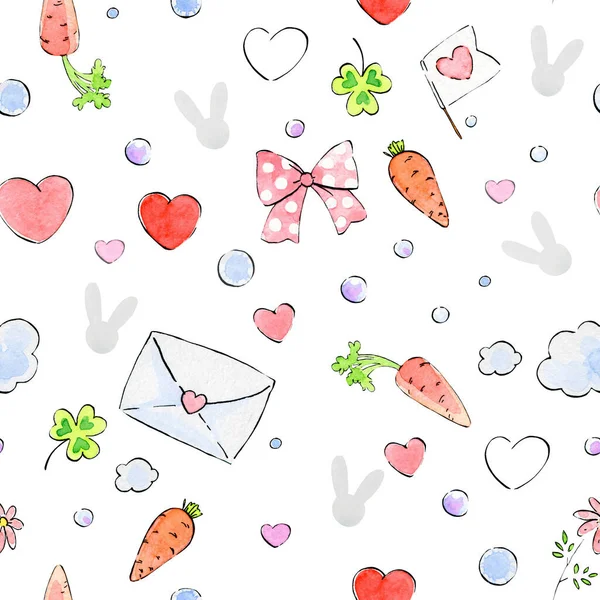 Απρόσκοπτη μοτίβο σε στυλ doodle, στοιχεία κινουμένων σχεδίων του ρομαντισμού, χαριτωμένο αγάπη. Υδατογραφία με περίγραμμα μελάνης. — Φωτογραφία Αρχείου