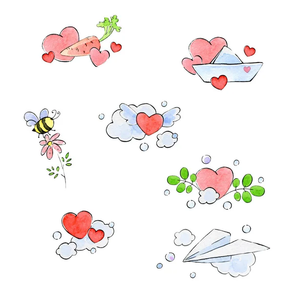 Seamless pattern in doodle style, cartoon elements of romance, cute love. Watercolor doodle with ink outline. — 图库照片
