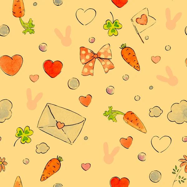 Seamless pattern in doodle style, cartoon elements of romance, cute love. Watercolor doodle with ink outline. — Stockfoto