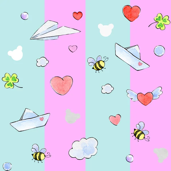 Seamless pattern in doodle style, cartoon elements of romance, cute love. Watercolor doodle with ink outline. — Stockfoto