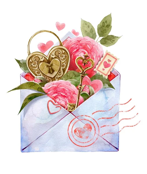 Love and Letters. Cliparts of romantic letters and envelopes. romantic compositions. Mothers Day, Valentines Day. Hand drawn watercolor illustrations — Stock Photo, Image