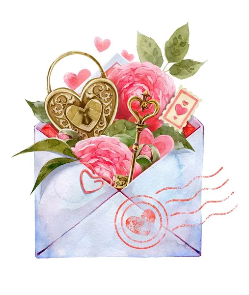 Liefde en Brieven. Cliënten van romantische brieven en enveloppen. romantische composities. Moederdag, Valentijnsdag. Met de hand getekend aquarel illustraties — Stockfoto
