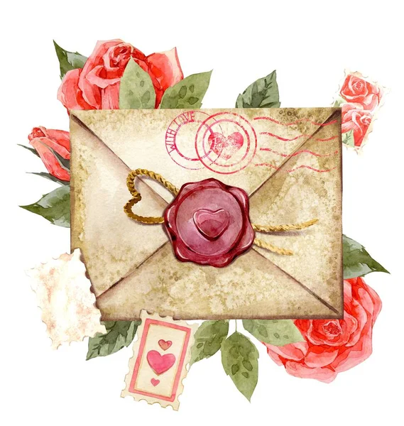 Love and Letters. Cliparts of romantic letters and envelopes. romantic compositions. Mothers Day, Valentines Day. Hand drawn watercolor illustrations