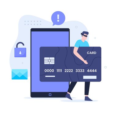 Kredi kartı dolandırıcılığı düz çizim tasarımı konsepti. Web siteleri, iniş sayfaları, mobil uygulamalar, posterler ve afişler için resim