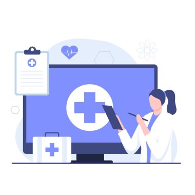 İnternetteki doktor konseptinin düz çizimi. Web siteleri, iniş sayfaları, mobil uygulamalar, posterler ve afişler için resim