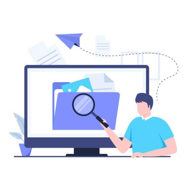 Dosya arama illüstrasyon tasarımı konsepti. Web siteleri, iniş sayfaları, mobil uygulamalar, posterler ve afişler için resim