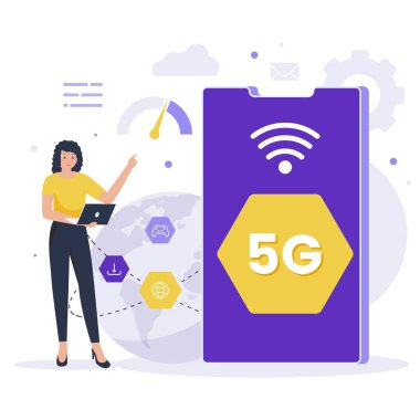 5G ağ tasarım konsepti. Web siteleri, iniş sayfaları, mobil uygulamalar, posterler ve afişler için resim