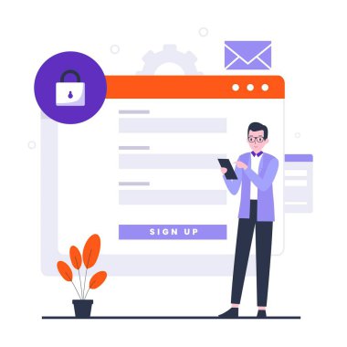 Çevrimiçi kayıt çizimi tasarımı konsepti. Web siteleri, iniş sayfaları, mobil uygulamalar, posterler ve afişler için resim