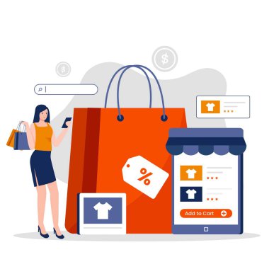 Çevrimiçi alışveriş illüstrasyon tasarım şablonu. Web siteleri, iniş sayfaları, mobil uygulamalar, posterler ve afişler için resim