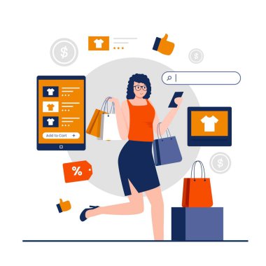 Kadın alışveriş illüstrasyon tasarım şablonu. Web siteleri, iniş sayfaları, mobil uygulamalar, posterler ve afişler için resim