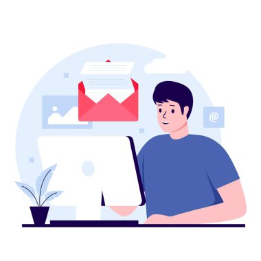 Posta hizmeti illüstrasyon kavramı. Web siteleri, iniş sayfaları, mobil uygulamalar, posterler ve afişler için illüstrasyon. Moda düz vektör illüstrasyonu