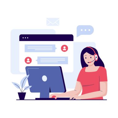 Çevrimiçi müşteri desteği canlı sohbet illüstrasyonu konsepti. Web siteleri, iniş sayfaları, mobil uygulamalar, posterler ve afişler için illüstrasyon. Moda düz vektör illüstrasyonu